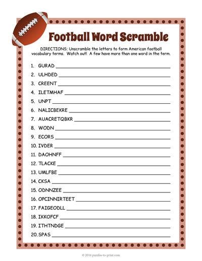 free printable football word scramble.